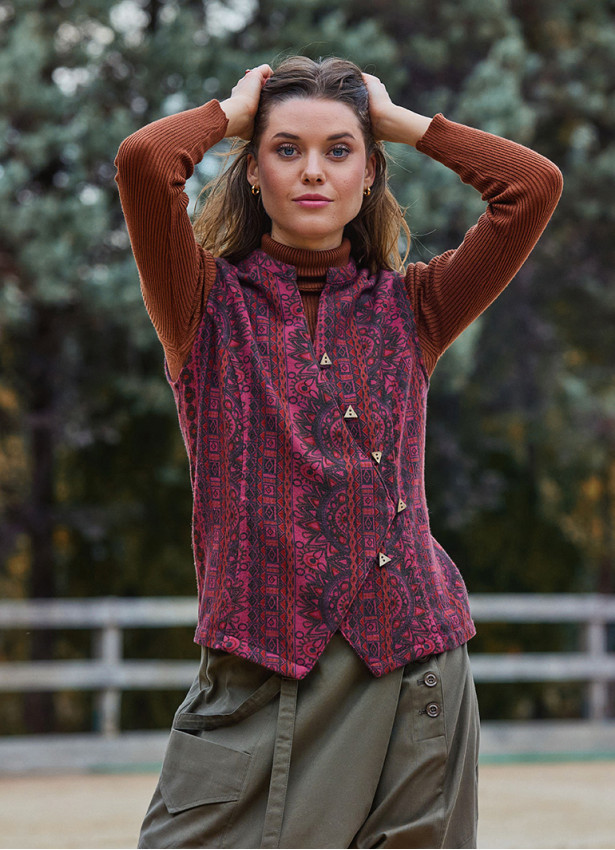 V Yaka Çapraz Düğmeli Bordo Etnik Bluz 7116