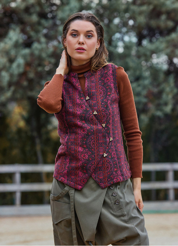 V Yaka Çapraz Düğmeli Bordo Etnik Bluz 7116