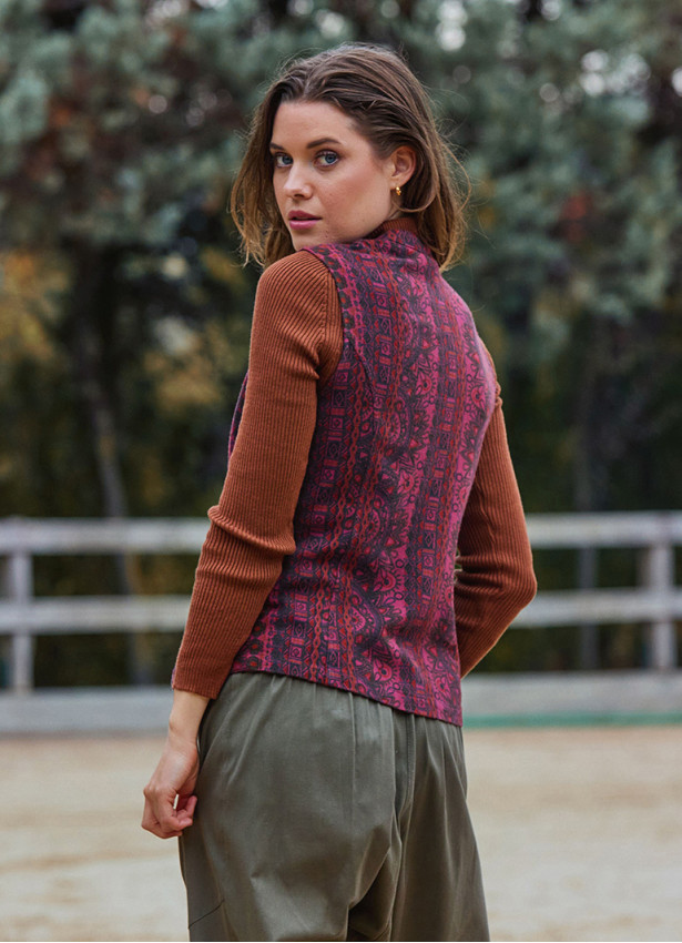 V Yaka Çapraz Düğmeli Bordo Etnik Bluz 7116