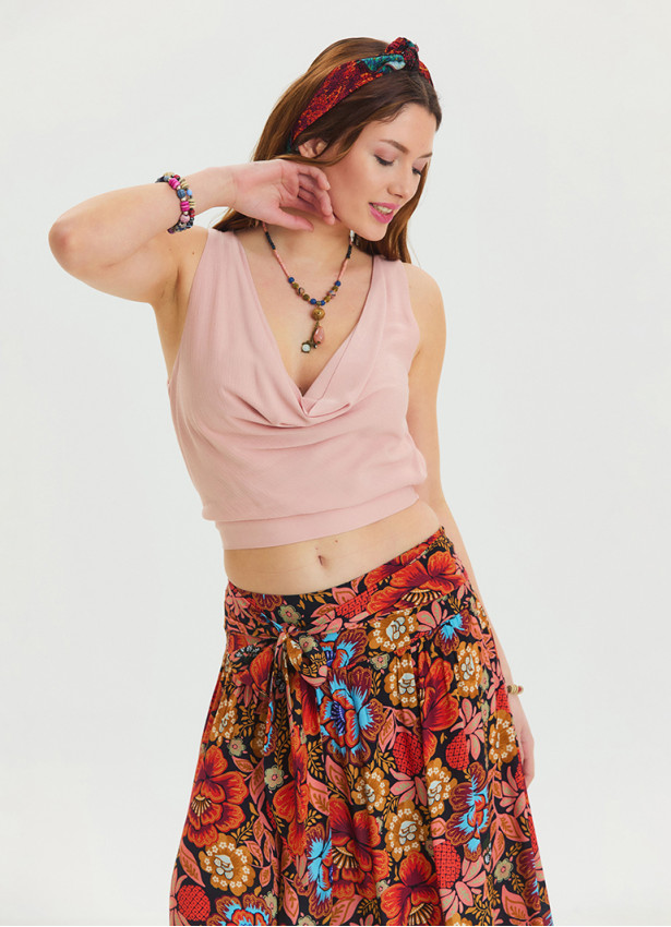 Lastikli Kolsuz Degaje Yaka Pudra Şık Crop Bluz 6523