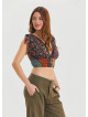 Derin V Yaka Beli Gipeli Kahve Crop Bluz 6934