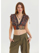Derin V Yaka Beli Gipeli Kahve Crop Bluz 6934