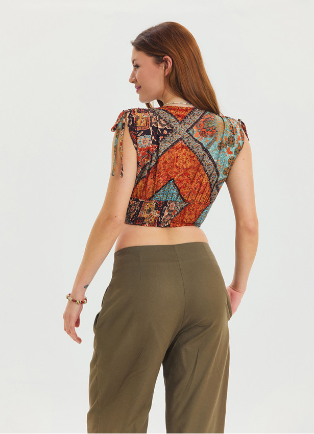 Derin V Yaka Beli Gipeli Kahve Crop Bluz 6934