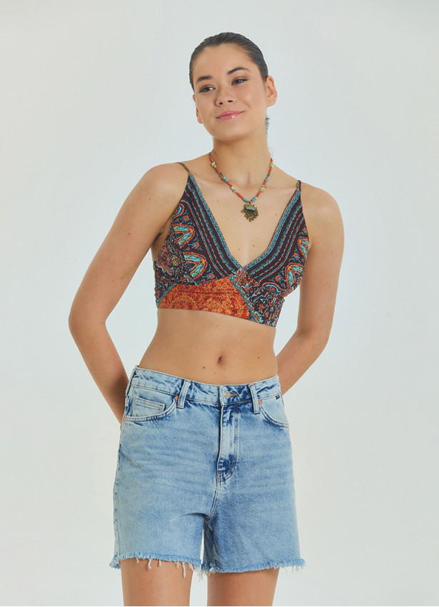 Bağcıklı Sırtı Açık Ayarlanabilir Kahve Crop Bluz 6971
