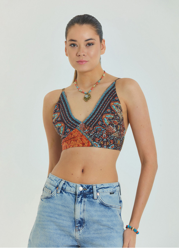 Bağcıklı Sırtı Açık Ayarlanabilir Kahve Crop Bluz 6971