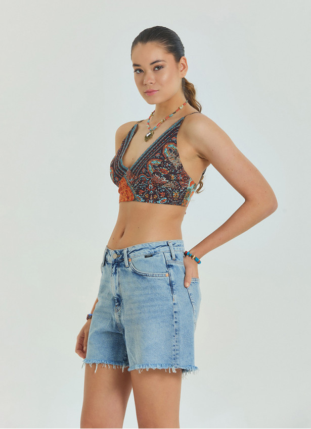 Bağcıklı Sırtı Açık Ayarlanabilir Kahve Crop Bluz 6971