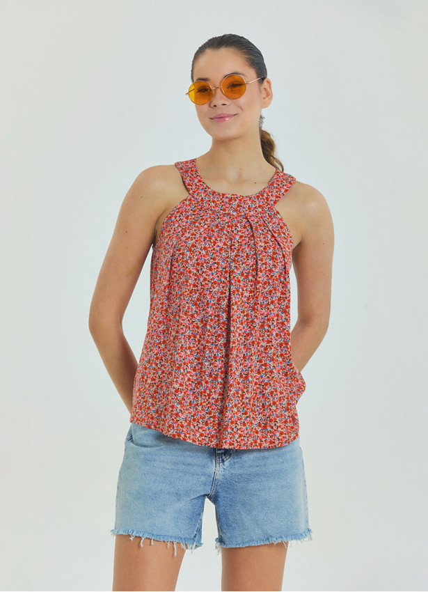 Halter Yaka Düğme Detaylı Pileli Pembe Çiçekli Bluz 6991