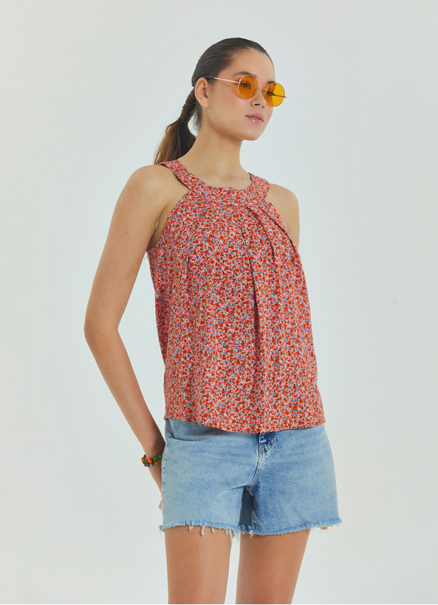 Halter Yaka Düğme Detaylı Pileli Pembe Çiçekli Bluz 6991