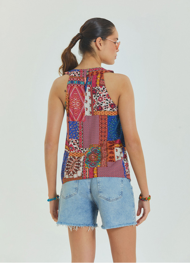 Halter Yaka Düğme Detaylı Pileli Mavi Kolsuz Bluz 6992