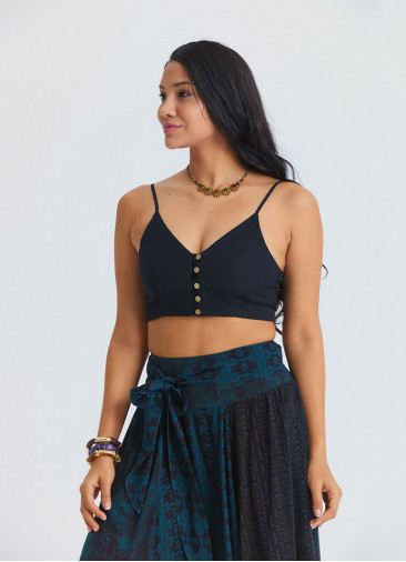 İnce Askılı Düğme Detaylı Siyah Crop Bluz 7247