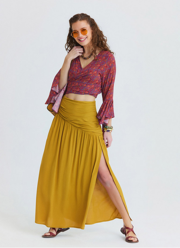 Drape Detaylı Yırtmaçlı Hardal Uzun Etek 7235