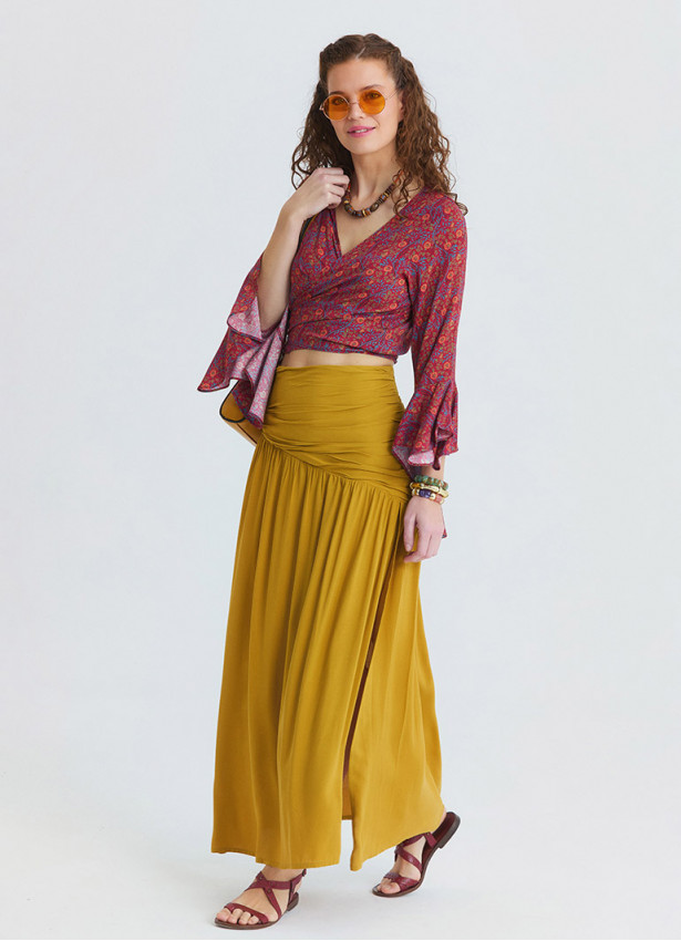 Drape Detaylı Yırtmaçlı Hardal Uzun Etek 7235