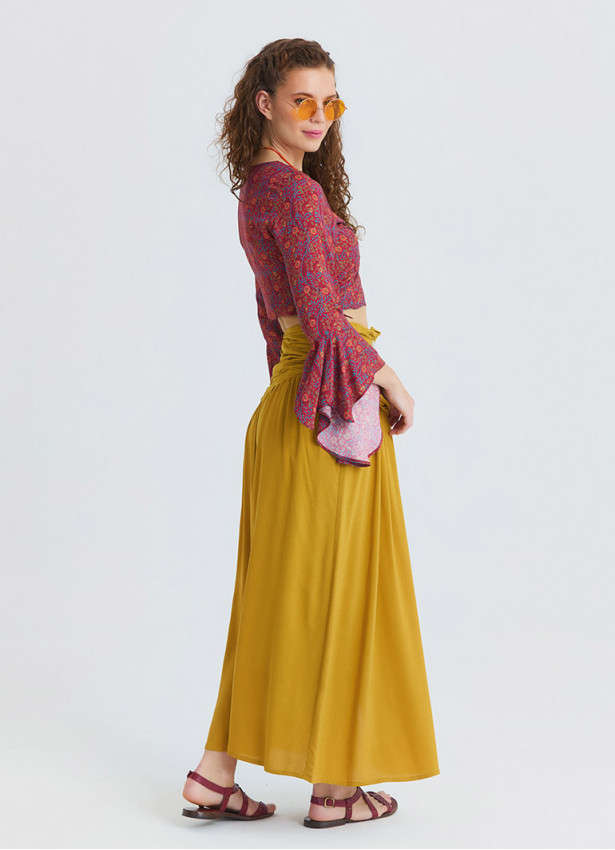 Drape Detaylı Yırtmaçlı Hardal Uzun Etek 7235