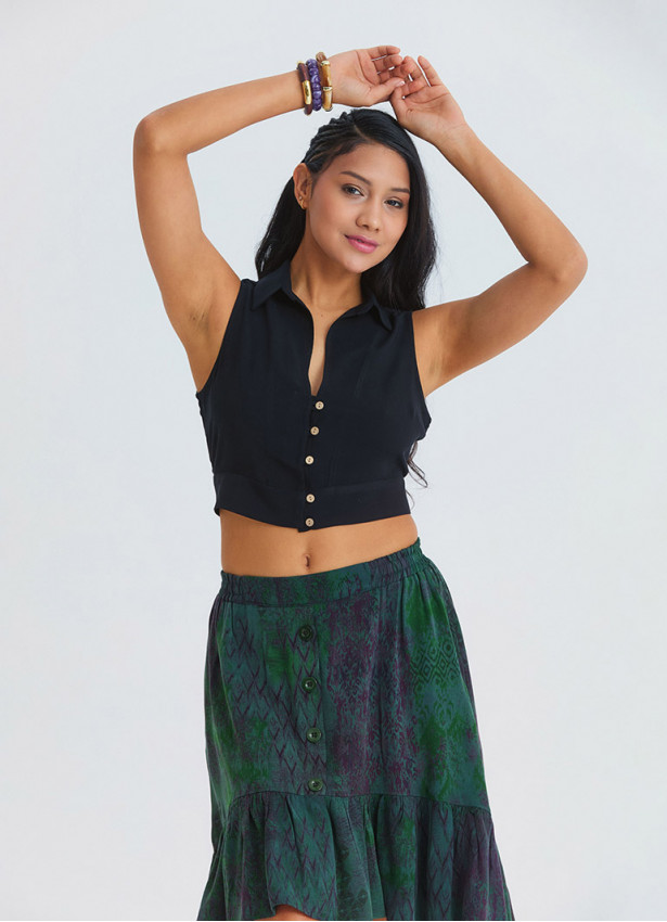 Gömlek Yaka Düğme Detaylı Siyah Crop Bluz 7264