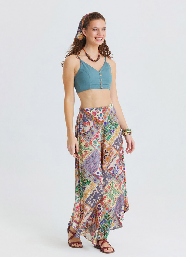 İnce Askılı Düğme Detaylı Mavi Crop Bluz 7246
