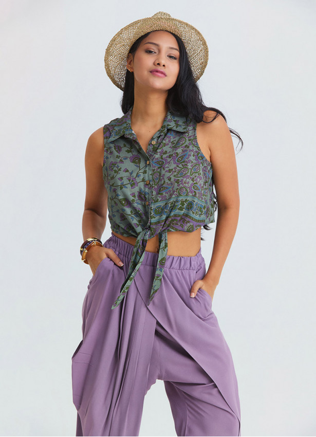 Gömlek Yaka Asimetrik Kesim Agora Crop Bluz 7293