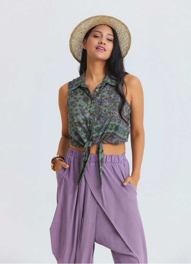 Gömlek Yaka Asimetrik Kesim Agora Crop Bluz 7293