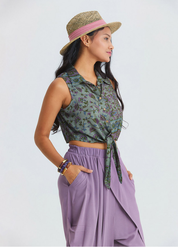 Gömlek Yaka Asimetrik Kesim Agora Crop Bluz 7293