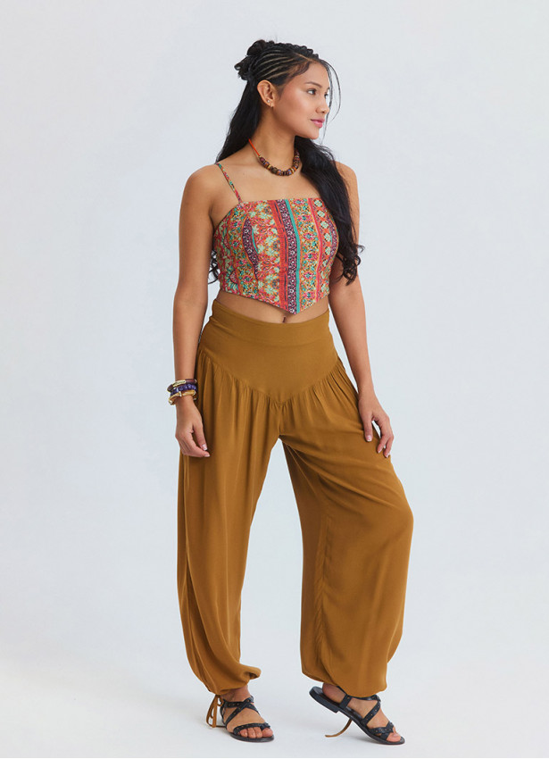 Rahat Kesim Paçası Büzgülü Camel Kadın Yüksek Bel Pantolon 7183