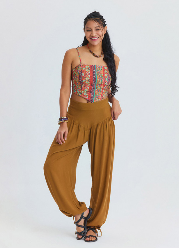Rahat Kesim Paçası Büzgülü Camel Kadın Yüksek Bel Pantolon 7183