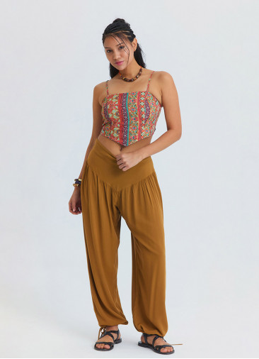 Rahat Kesim Paçası Büzgülü Camel Kadın Yüksek Bel Pantolon 7183