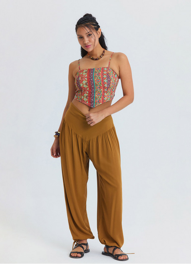 Rahat Kesim Paçası Büzgülü Camel Kadın Yüksek Bel Pantolon 7183