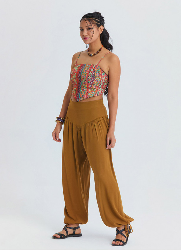 Rahat Kesim Paçası Büzgülü Camel Kadın Yüksek Bel Pantolon 7183