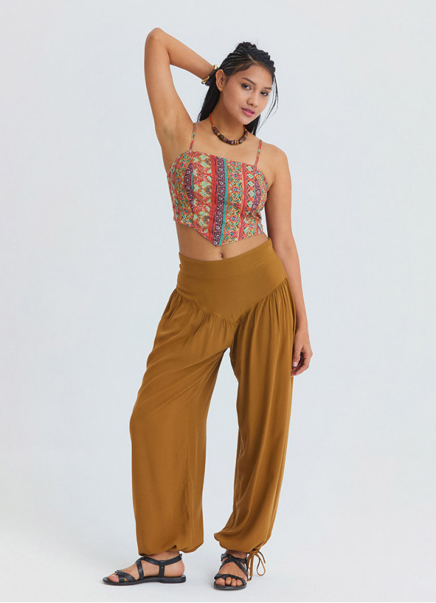 Rahat Kesim Paçası Büzgülü Camel Kadın Yüksek Bel Pantolon 7183