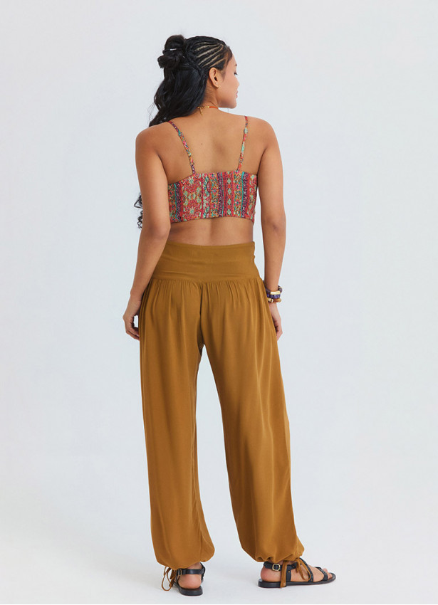Rahat Kesim Paçası Büzgülü Camel Kadın Yüksek Bel Pantolon 7183