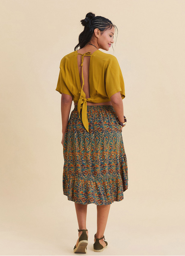 Beli Lastikli Düğmeli Fırfırlı Petrol Çiçekli Etek 7325