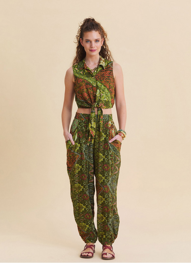 Gömlek Yaka Asimetrik Kesim Yeşil Crop Bluz 7294