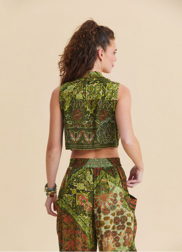 Gömlek Yaka Asimetrik Kesim Yeşil Crop Bluz 7294