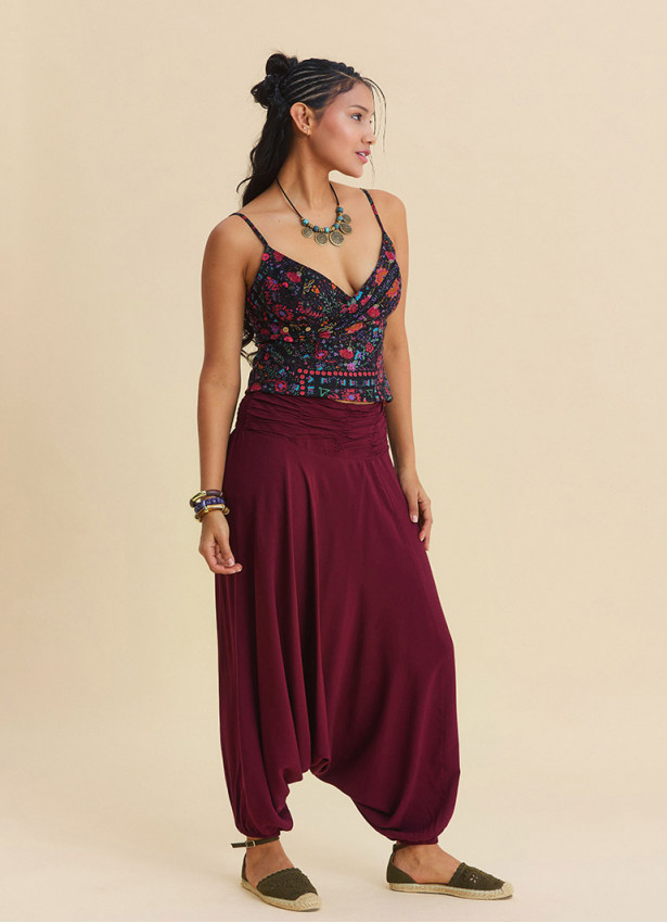 Drape Bel Paçası Lastikli Bordo Kadın Yazlık Pantolon 7179