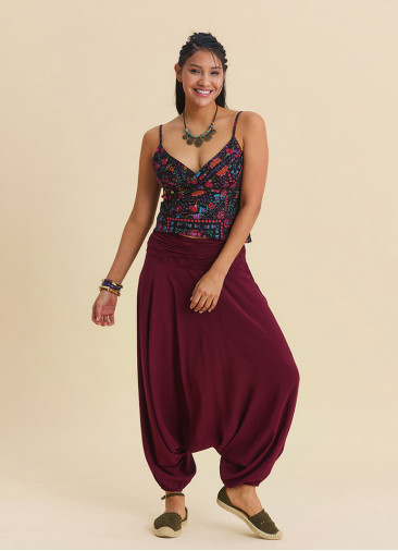 Drape Bel Paçası Lastikli Bordo Kadın Yazlık Pantolon 7179