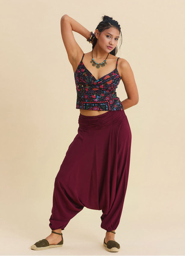 Drape Bel Paçası Lastikli Bordo Kadın Yazlık Pantolon 7179