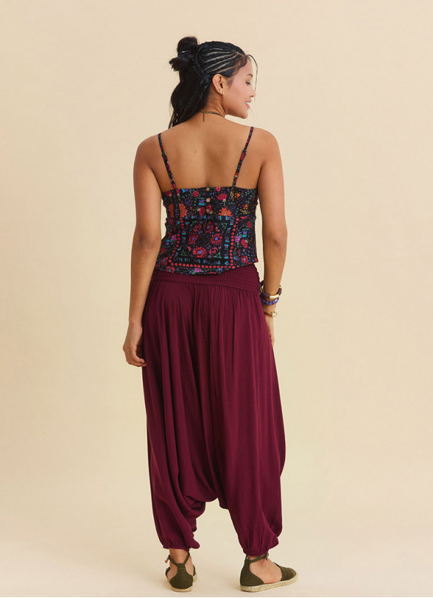 Drape Bel Paçası Lastikli Bordo Kadın Yazlık Pantolon 7179