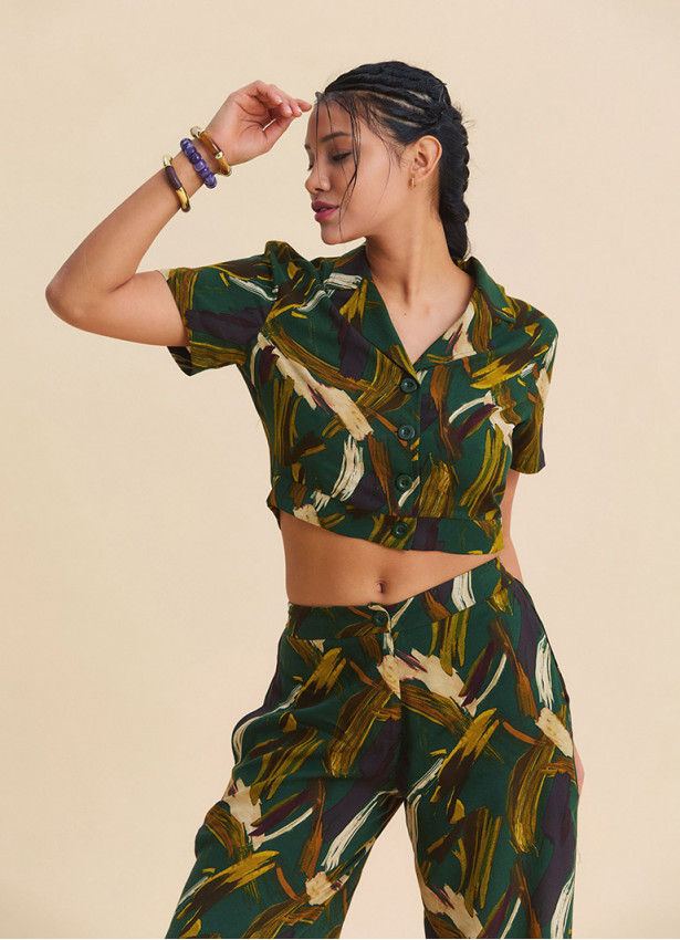 Gömlek Yaka Düğmeli Haki Crop Bluz 7282