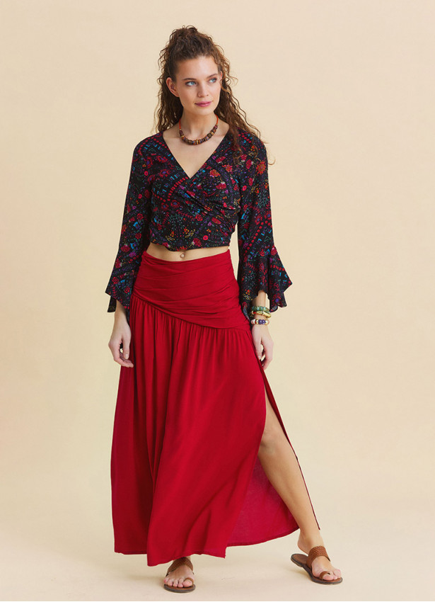 Drape Detaylı Yırtmaçlı Kırmızı Salaş Etek 7236