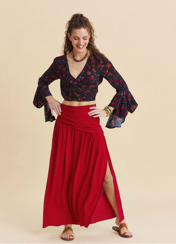 Drape Detaylı Yırtmaçlı Kırmızı Salaş Etek 7236