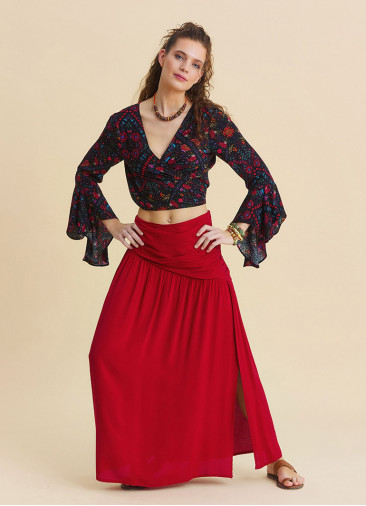 Drape Detaylı Yırtmaçlı Kırmızı Salaş Etek 7236