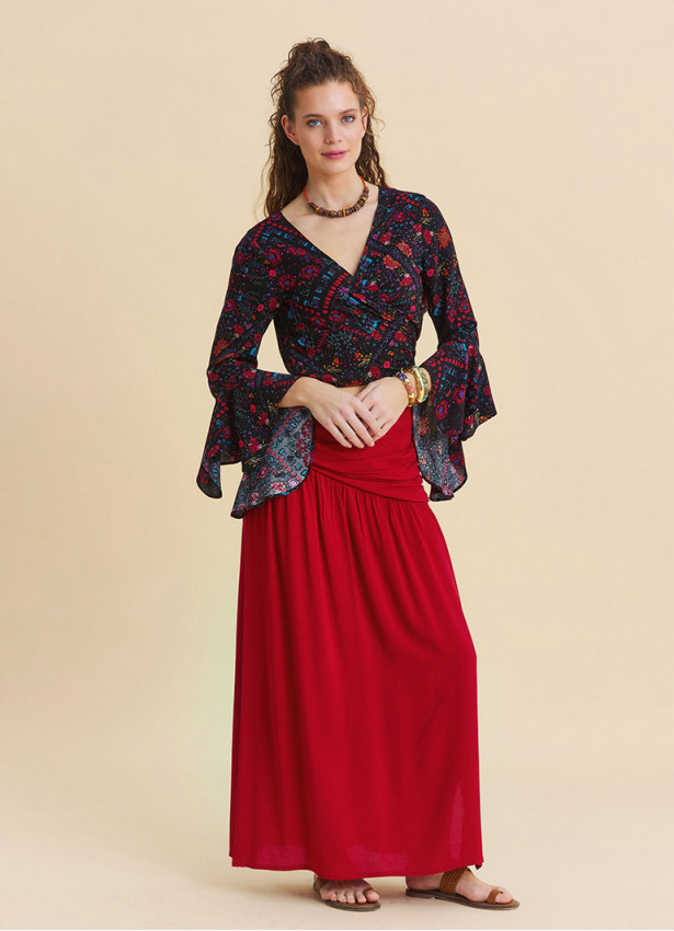 Drape Detaylı Yırtmaçlı Kırmızı Salaş Etek 7236
