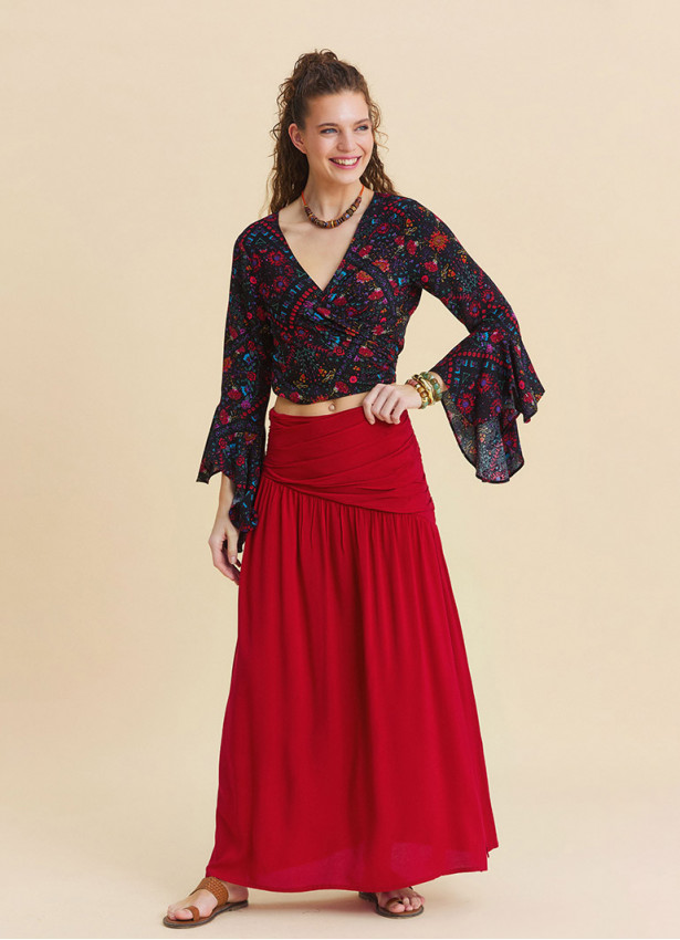 Drape Detaylı Yırtmaçlı Kırmızı Salaş Etek 7236
