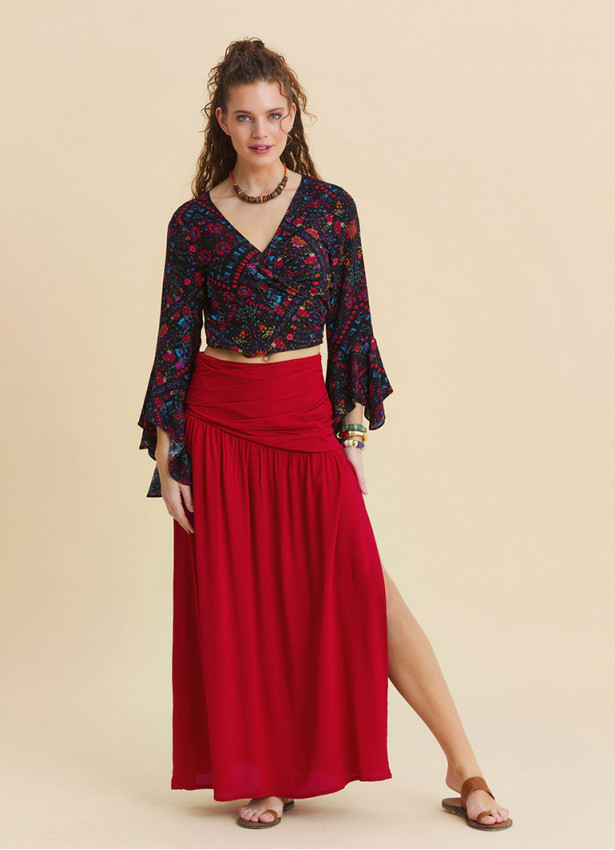 Drape Detaylı Yırtmaçlı Kırmızı Salaş Etek 7236