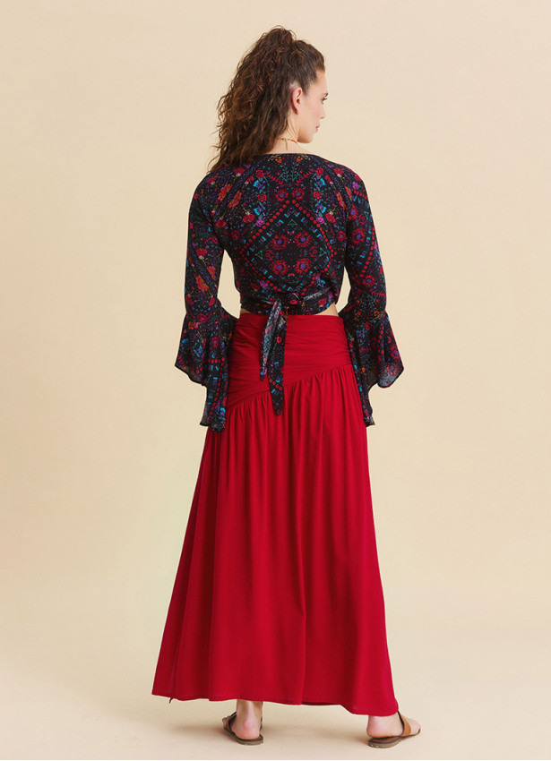 Drape Detaylı Yırtmaçlı Kırmızı Salaş Etek 7236
