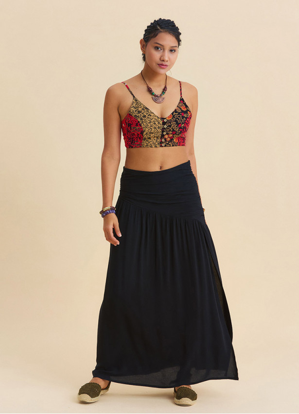 Drape Detaylı Yırtmaçlı Siyah Bohem Etek 7237