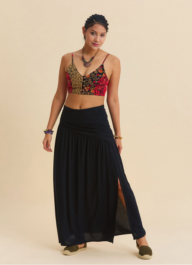 Drape Detaylı Yırtmaçlı Siyah Bohem Etek 7237