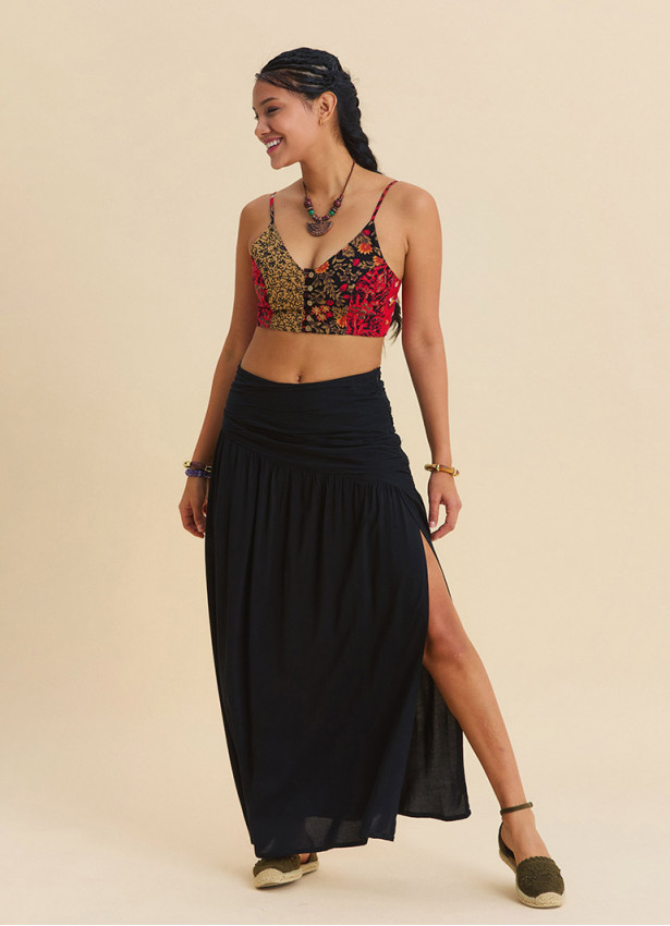 Drape Detaylı Yırtmaçlı Siyah Bohem Etek 7237