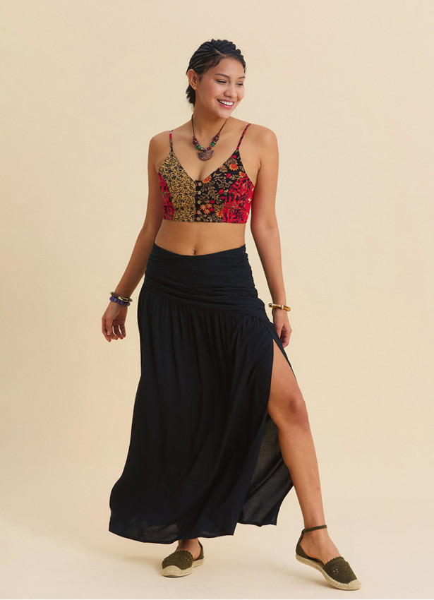 Drape Detaylı Yırtmaçlı Siyah Bohem Etek 7237