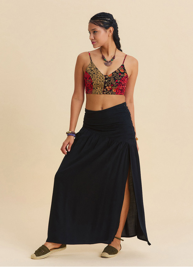 Drape Detaylı Yırtmaçlı Siyah Bohem Etek 7237
