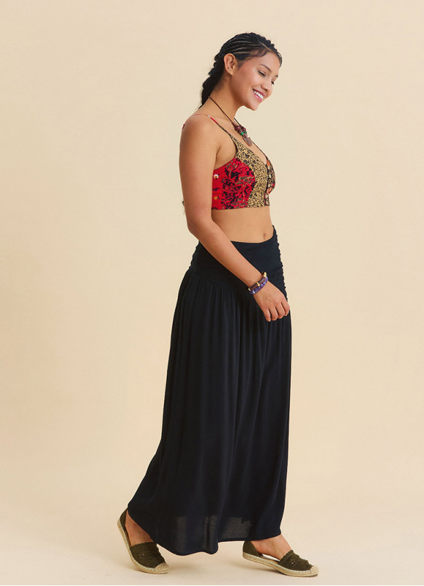 Drape Detaylı Yırtmaçlı Siyah Bohem Etek 7237